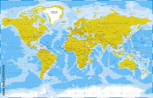 Fototapeta Political Physical Topographic Colored World Map Vector