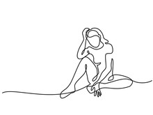 Continuous Line Drawing. Sitting Sad Girl. Vector Illustration
