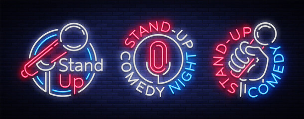 Wall Mural - Stand Up Comedy Show is a collection of neon signage. Collection of neon logos, a symbol, a bright light banner, a neon-style poster, bright night-time advertising Stand up the show. Vector