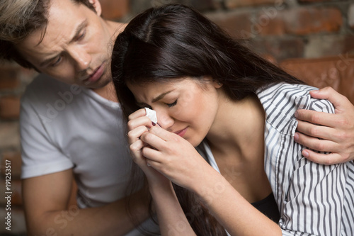 Young Man Comforting Crying Sad Woman Caring Friend Consoling