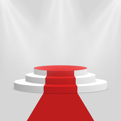 Poster - Red carpet and podium. White round pedestal with stairs isolated on background. Stage for winners and award ceremony