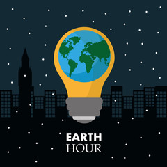 Wall Mural - earth hour in the light bulb scene night town vector illustration