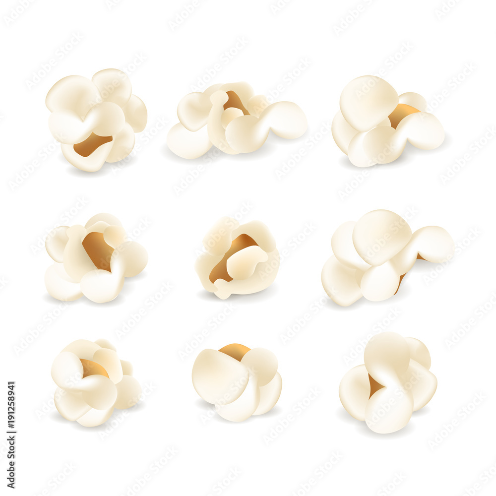 Realistic popcorn set. Vector illustration. Collection of white fluffy popcorn elements or icons isolated on the white background. Cinema snack and movie food. - obrazy, fototapety, plakaty 