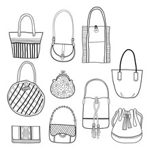 Fashionable Handbags. Black And White Illustration Of Bags.
