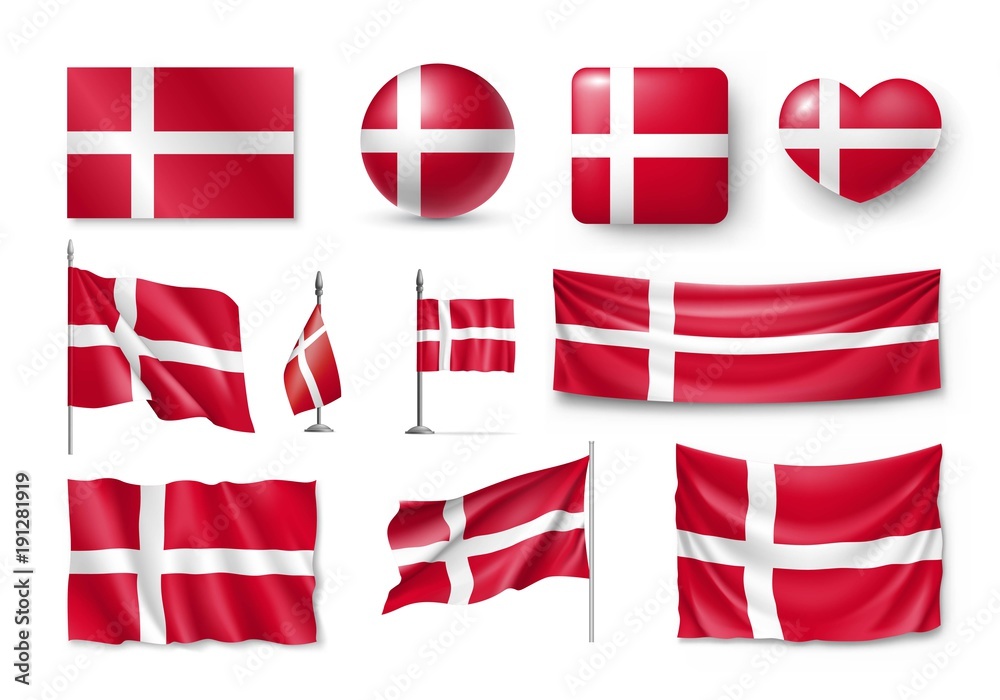 Set Denmark flags, banners, banners, symbols, flat icon. Vector ...