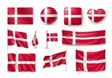 Set Denmark Flags, Banners, Banners, Symbols, Flat Icon. Vector Illustration Of Collection Of National Symbols On Various Objects And State Signs