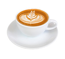 Hot Coffee Latte With Beautiful Milk Foam Latte Art Texture Isolated On White Background, Clipping Path Included.
