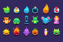 Flat Vector Assets For Mobile Game With Funny Creatures And Objects. Aliens, Fish, Mouse, Fox, Toad, Princess, Bomb, Potion, Pumpkin, Balls With Eyes, Mouths, Horns, Fire, Water, Spikes