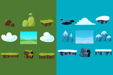 Poster - Set of nature materials for mobile arcade game. Blocks with snow and grass, clouds, stones, bridge, mountains, hill with tree. Flat vector design for gaming interface