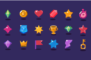 Poster - Set of items for gaming interface. Crystal, coin, heart, star, stopwatch, shield, trophy, crown, flag, lightning, key. Flat vector elements for mobile arcade and casual game
