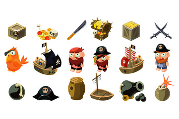 Poster - Cartoon pirate icons set. Mobile game assets. Captain, parrot, sailboat, treasure chest, gold, skull, crossed daggers, spyglass, sword, hat, bomb. Flat vector design