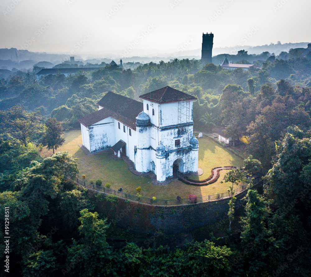 Aerial View of Our Lady of The Rosary church in Goa India - obrazy, fototapety, plakaty 