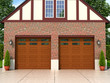arge brick garage with two wooden doors. 3D illustration