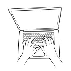 Sketch illustration of a man hands are working on a laptop computer. Top view.