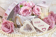 Romantic Love Decoration In Shabby Chic Style For Wedding Or Valentines With Text On Paper Label