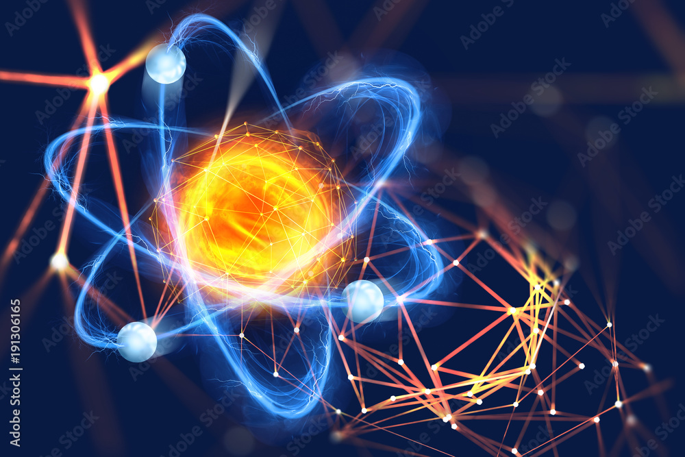 Atomic structure. Futuristic concept on the topic of nanotechnology in science. The nucleus of an atom surrounded by electrons on a technological background - obrazy, fototapety, plakaty 