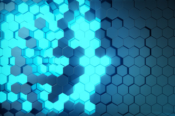 Poster - 3D illustration Abstract blue of futuristic surface hexagon pattern with light rays. Blue tint hexagonal background.