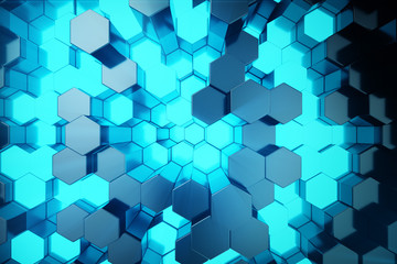 Poster - 3D illustration Abstract blue of futuristic surface hexagon pattern with light rays. Blue tint hexagonal background.