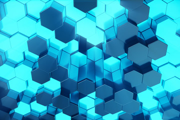 Poster - 3D illustration Abstract blue of futuristic surface hexagon pattern with light rays. Blue tint hexagonal background.