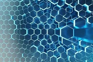 Poster - 3d illustration abstract blue of futuristic surface hexagon pattern with light rays. blue tint hexag