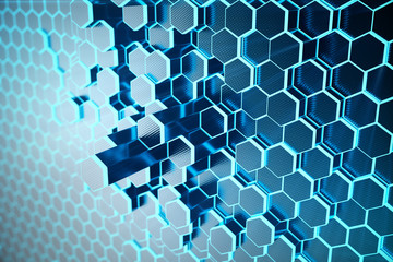 Poster - 3D illustration Abstract blue of futuristic surface hexagon pattern with light rays. Blue tint hexagonal background.