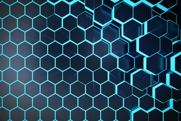 Poster - 3D illustration blue abstract hexagonal geometric background. Structure of self-luminous hexagons in blue hue with volume light rays