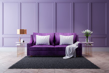 Luxury Modern Interior Of Living Room ,Ultraviolet Home Decor Concept ,purple Sofa And Black Table With Gold Lamp On Light Purple Wall And Woodfloor ,3d Render