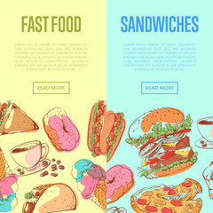 Wall Mural - Fast food flyers with sandwich, muffin, ice cream, taco, donut, hot dog, cup of coffee, pizza and hamburger sketches. Restaurant takeaway menu, delicious street food advertising vector illustration.