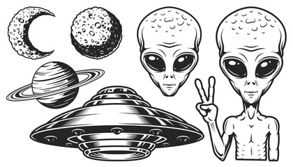 Wall Mural - aliens and ufo set