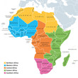 Africa regions political map with single countries. United Nations geoscheme. Northern, Western, Central, Eastern and Southern Africa in different colors. English labeling. Illustration. Vector.