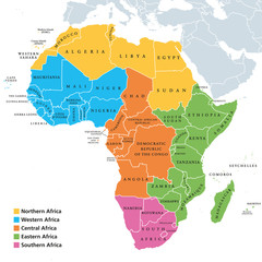 Africa regions political map with single countries. United Nations geoscheme. Northern, Western, Central, Eastern and Southern Africa in different colors. English labeling. Illustration. Vector.