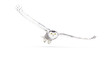 Snowy owl (Bubo scandiacus) isolated on a white background flying low hunting over an open snow covered field in Canada