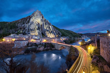 Sisteron In The Evening: The Rocher De La Baume - Peculiar Shaped Rock And Bridge Over Durance River, Alpes-de-Haute-Provence, France