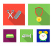 Medal on the ribbon, haircut for the cat, fish bone, a tray with sand.Cat set collection icons in flat style vector symbol stock illustration web.