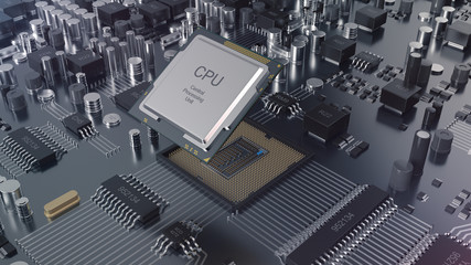 Poster - 3d illustration close-up view electronic circuit board. computer technology. motherboard with cpu ch