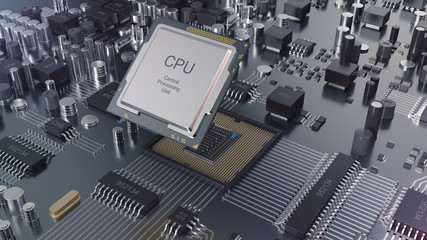 Poster - 3d illustration close-up view electronic circuit board. computer technology. motherboard with cpu ch