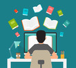 Man in learning process. Man sitting behind his desk studying online using his computer flat vector illustration