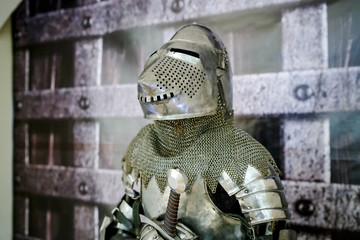 Armour of the medieval knight. Metal protection of the soldier against the weapon of the opponent