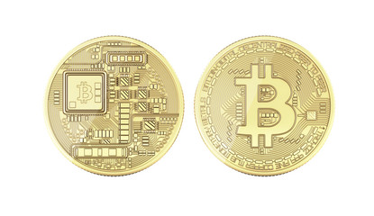 Bitcoin 3D isometric Physical bit coin in gold Digital currency Cryptocurrency Golden coins with symbol isolated on white background 3d render illustration without shadow