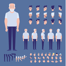 Elderly Man Character Creation Set With Various Views, Hairstyles, Poses And Gestures. Front, Side, Back View Animated Character. Cartoon Style, Flat Vector Illustration.
