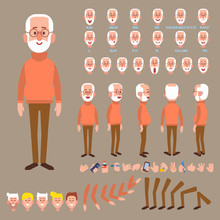 	 Front, Side, Back View Animated Character. Elderly Man Character Creation Set With Various Views, Hairstyles, Face Emotions, Poses And Gestures. Cartoon Style, Flat Vector Illustration. 