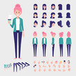 Flat Vector Pink hair Girl character with a cup of coffee. City life. Character creation set with various views, hairstyles and poses. Parts of body template for design work and animation.