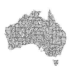 Fototapete - Abstract schematic map of Australia from the black printed board, chip and radio component of vector illustration