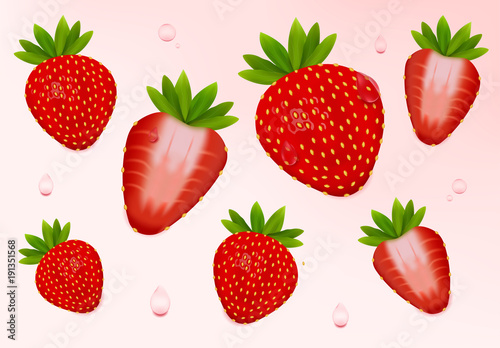 Strawberry Set Realistic Fresh Strawberry With Leaves Fruit Cut In Half Isolated On Light Pink Background 3d Vector Illustration Buy This Stock Vector And Explore Similar Vectors At Adobe Stock