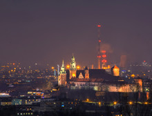 Wawel Castle And Power Plant Pipes At Night, Krakow, Poland