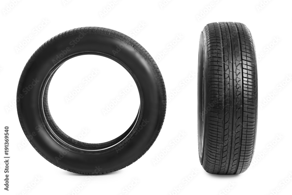 Car tires on white background