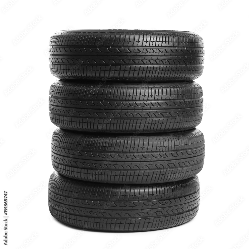 Car tires on white background