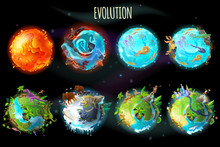 Vector Cartoon Fantastic Planet Earth, World Evolution Set. Cosmic, Space Element Game, Timeline Infographic Design. Illustration From Burning Lava, Water Period, Ice Age To Green Tropical Plant River