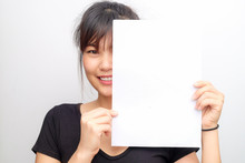 Portrait Of Beautiful Asian Women Hold Blank Paper