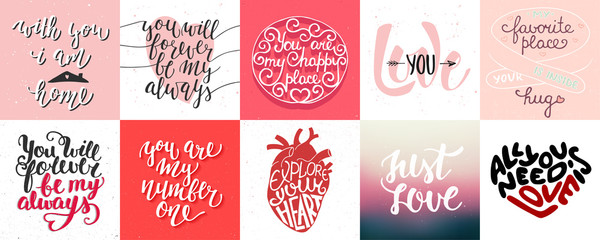 Wall Mural - Set of romantic and love vector hand drawn unique typography design element for greeting cards, decoration, prints and posters. Modern calligraphy. Handwritten lettering.